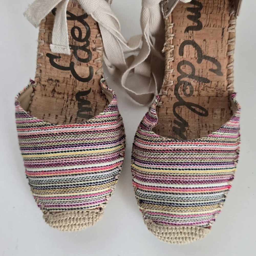 Sam Edelman Patsy Woven Multicolor Ankle Tie Wedge Espadrille Shoes Size 8